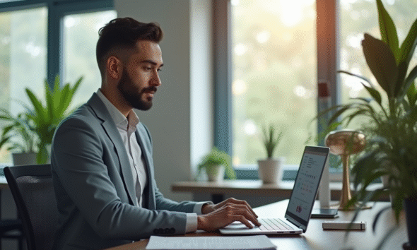 Professionnel au bureau analysant email marketing