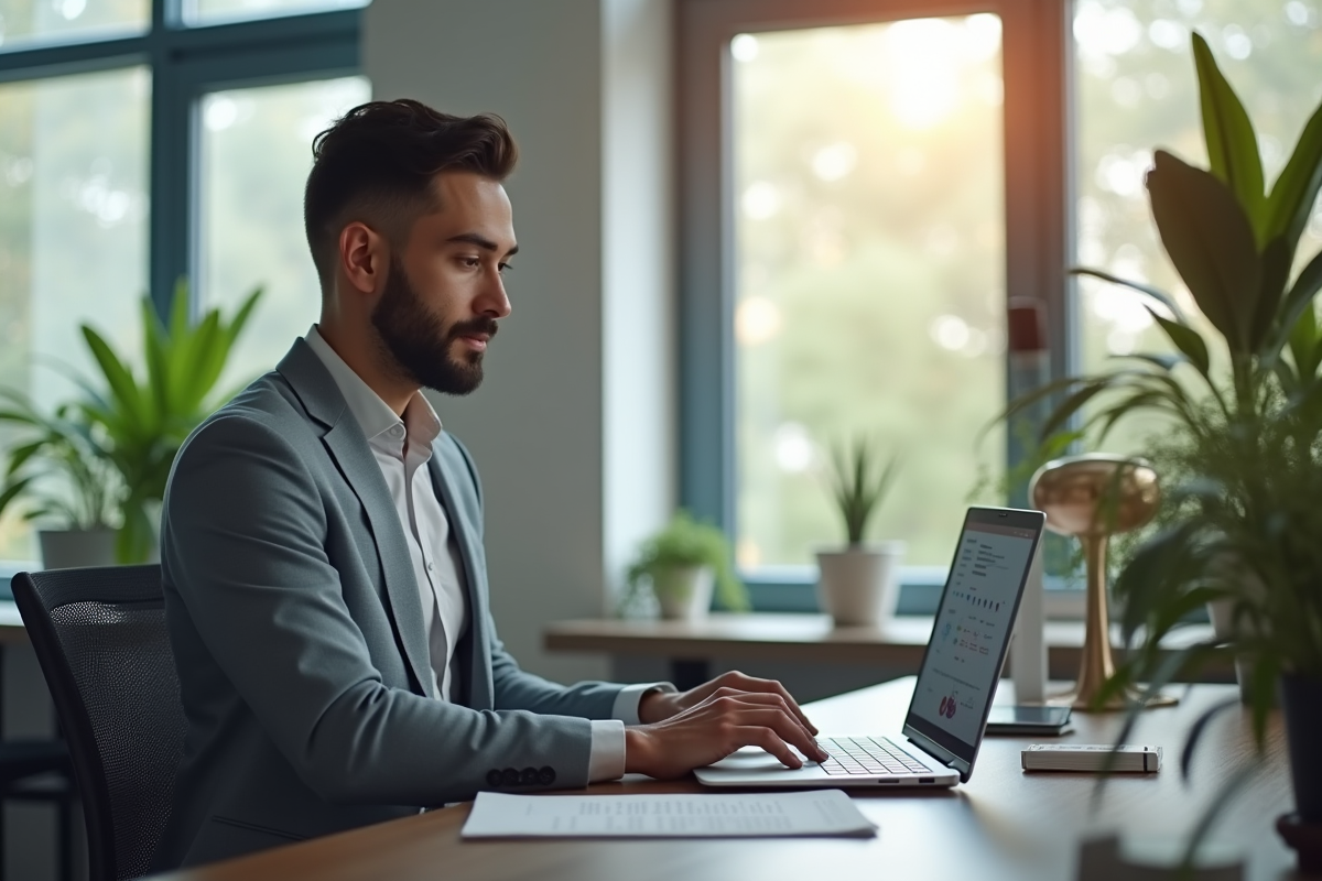 Professionnel au bureau analysant email marketing