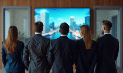 Groupe de professionnels regardant une télévision en bureau moderne