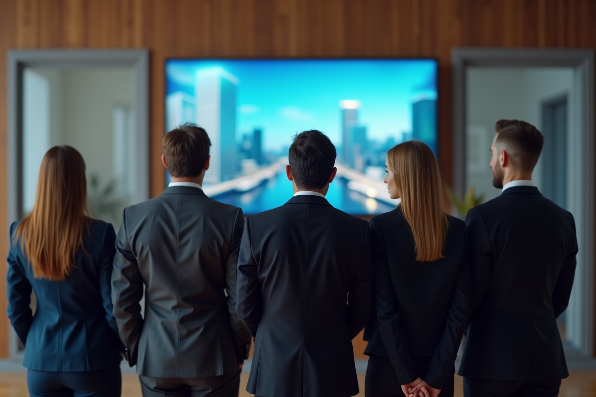 Groupe de professionnels regardant une télévision en bureau moderne