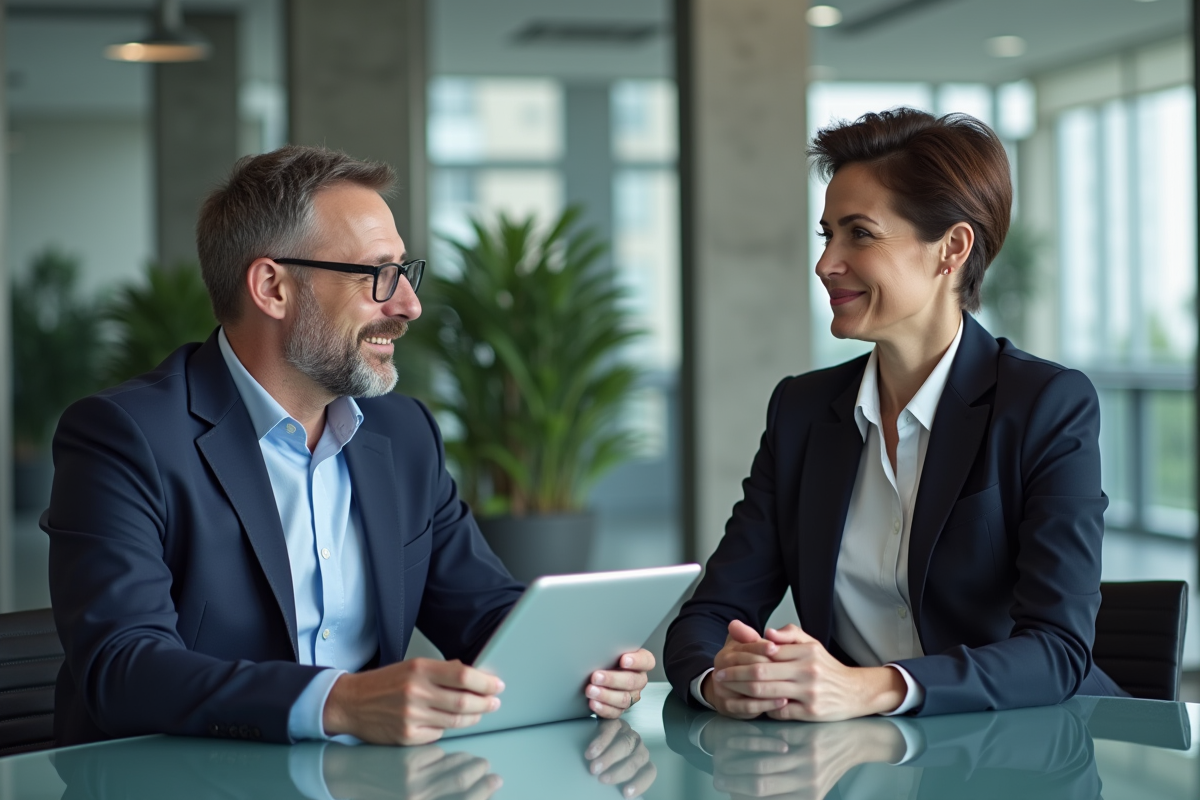 Deux professionnels en réunion dans un bureau moderne