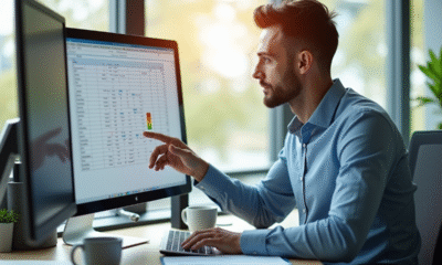 Responsable RH confiant examinant une grille salariale sur un écran lumineux