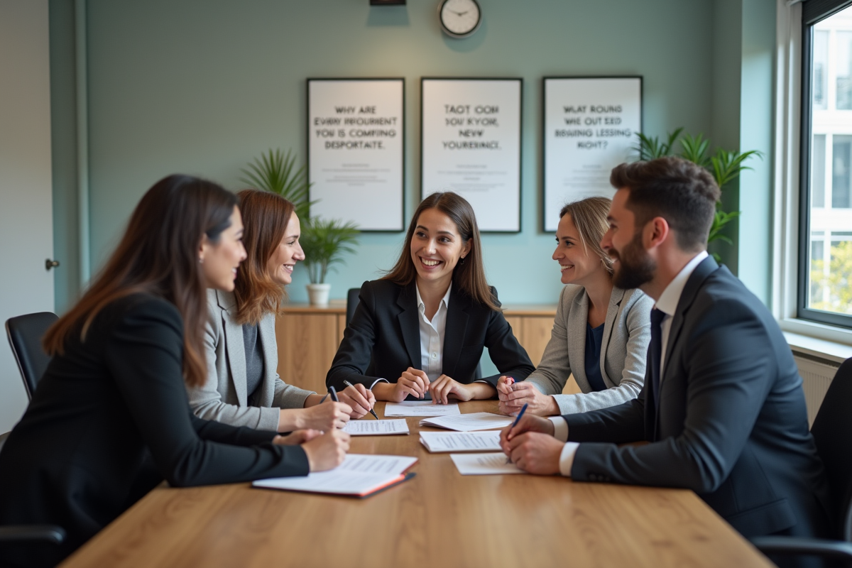 Groupe de collègues en discussion dans une salle de réunion