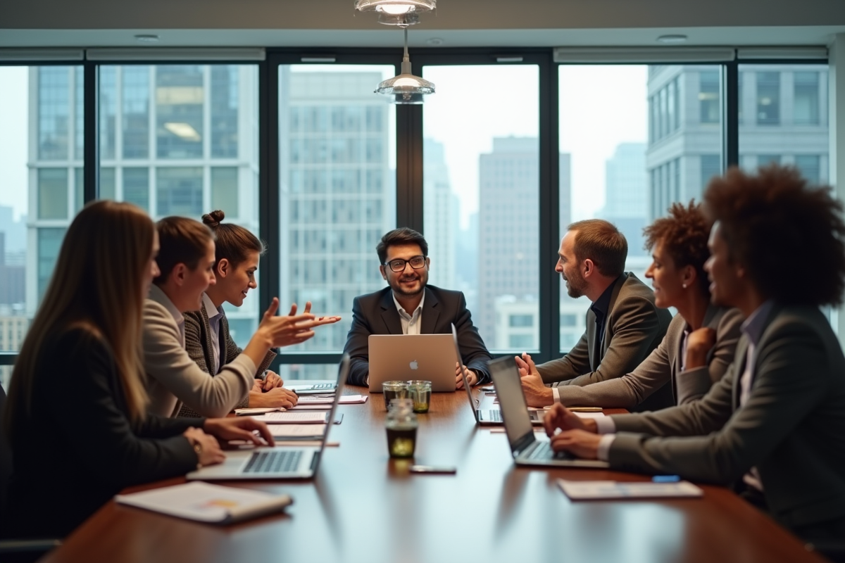 Groupe divers d'employes en reunion de travail