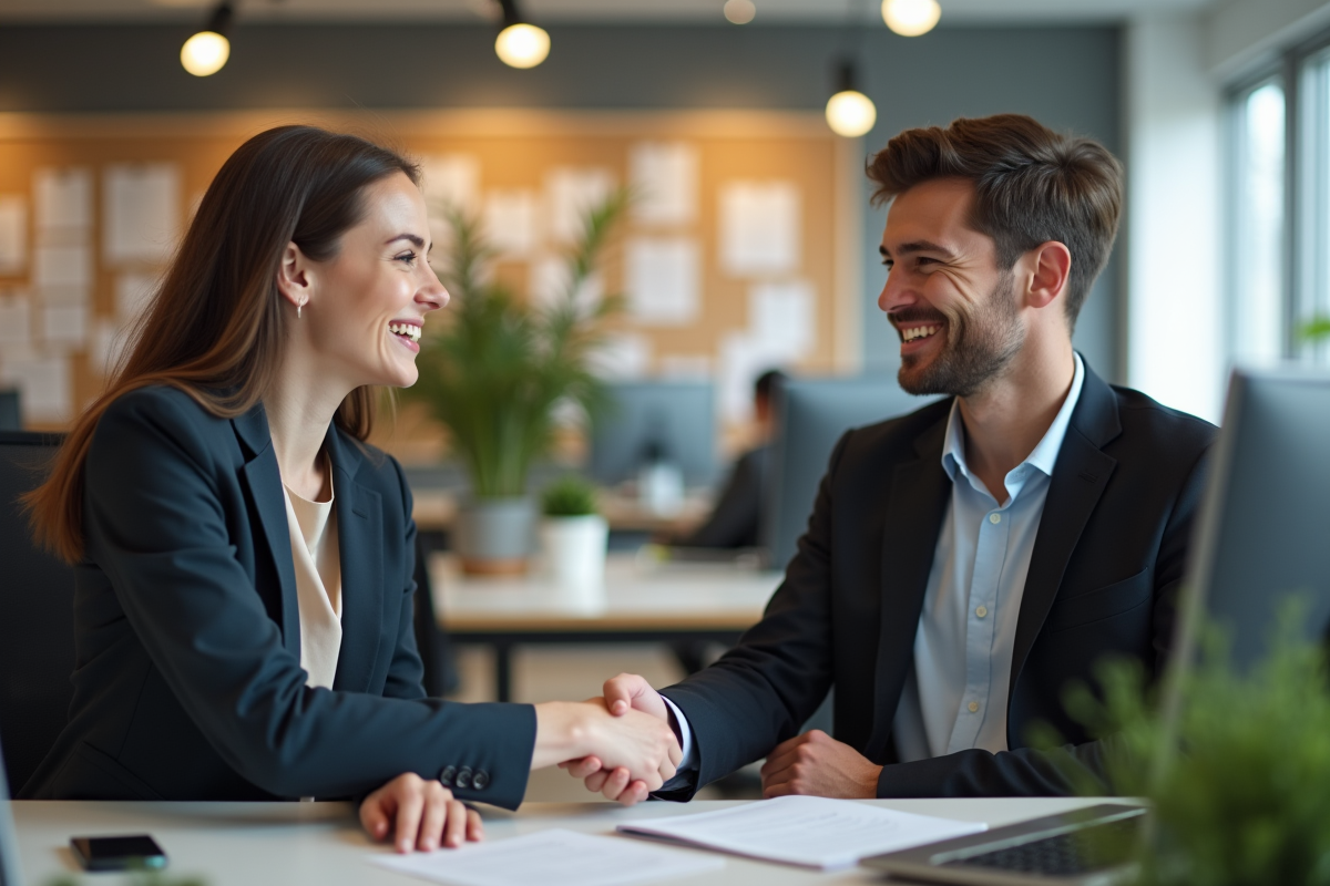 Jeune femme serrant la main d’un collègue dans un espace de travail