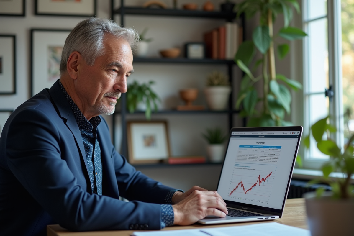 Homme d age moyen analysant un diagramme marketing sur son ordinateur